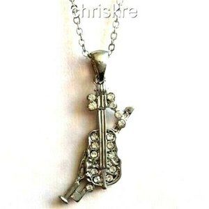 Silver Crystal Violin Fiddle Necklace Pendant